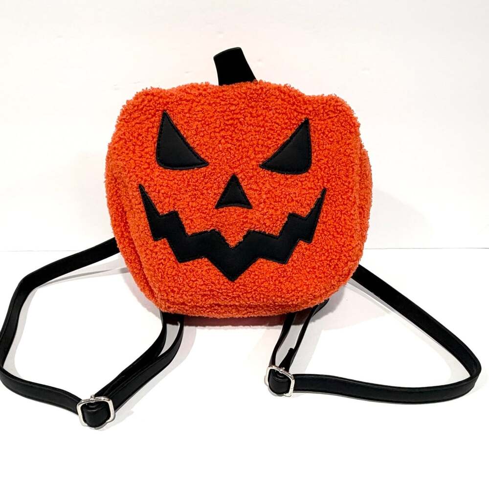 Dolls Kill Trickz N' Treatz Lets Get Lit Faux Shearling Pumpkin Backpack